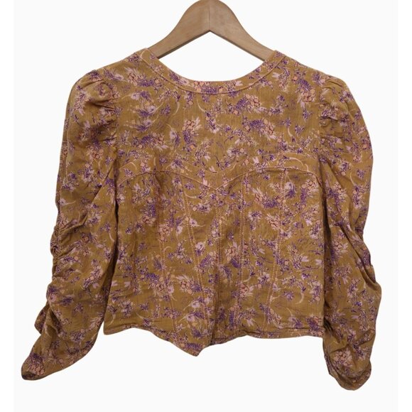 Free People Tops - Free People MONICA Golden Floral Puff Sleeve Tie-Back Blouse Women's Sz L